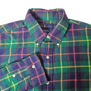 Ralph Lauren L Classic Fit Performance Flannel Green Blue Preppy St. Patrick's